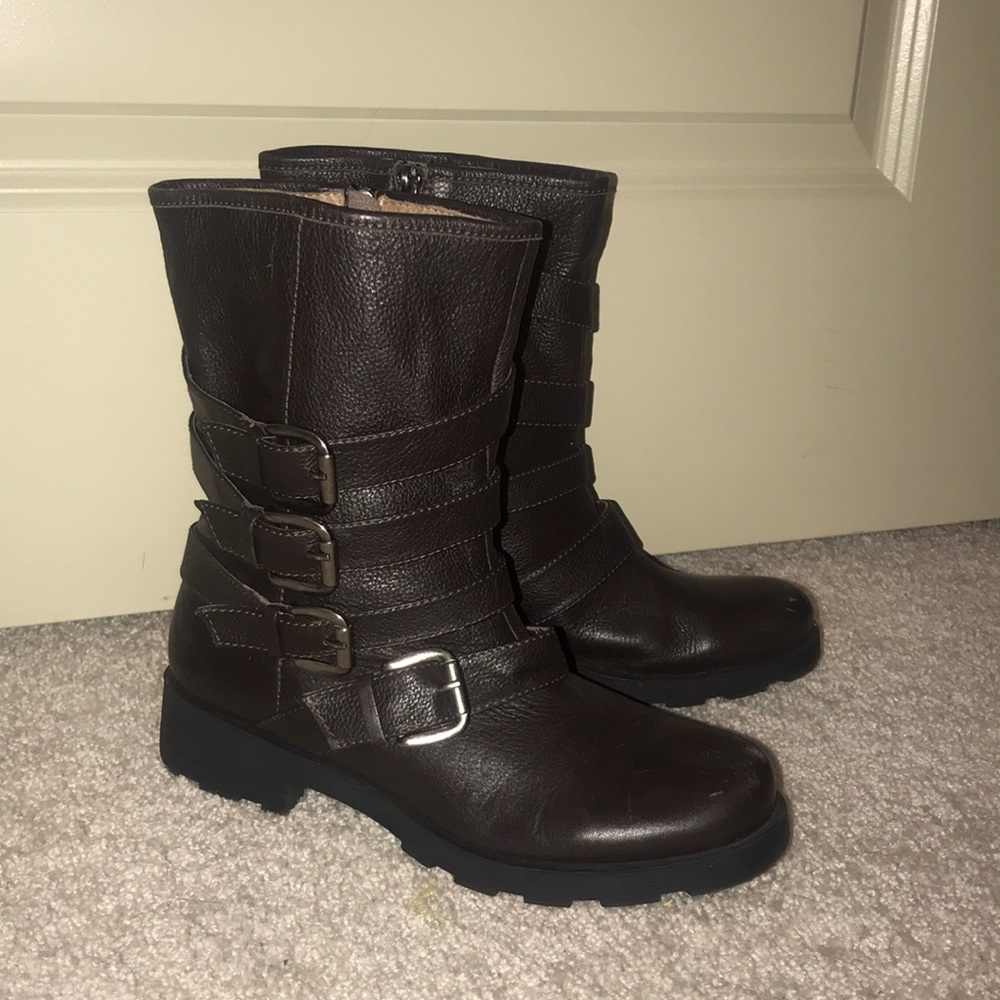 Chocolate brown buckle moto boots